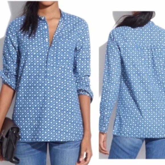 MADEWELL Chambray Floral Top Stamp Popover Tunic Long Sleeves Banded Collar - Picture 1 of 6